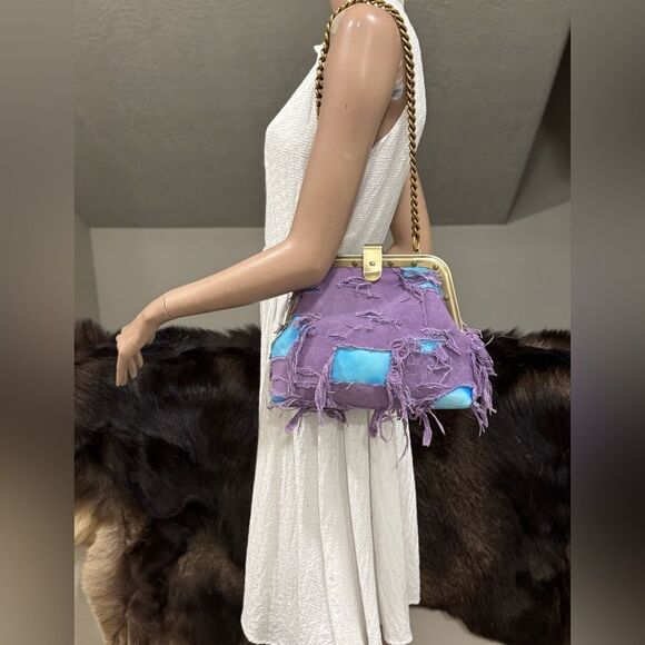 Unique Colorblock Cowhide Leather with Ripped Canvas, Metal Frame Bag, Crossbody - Picture 3 of 16